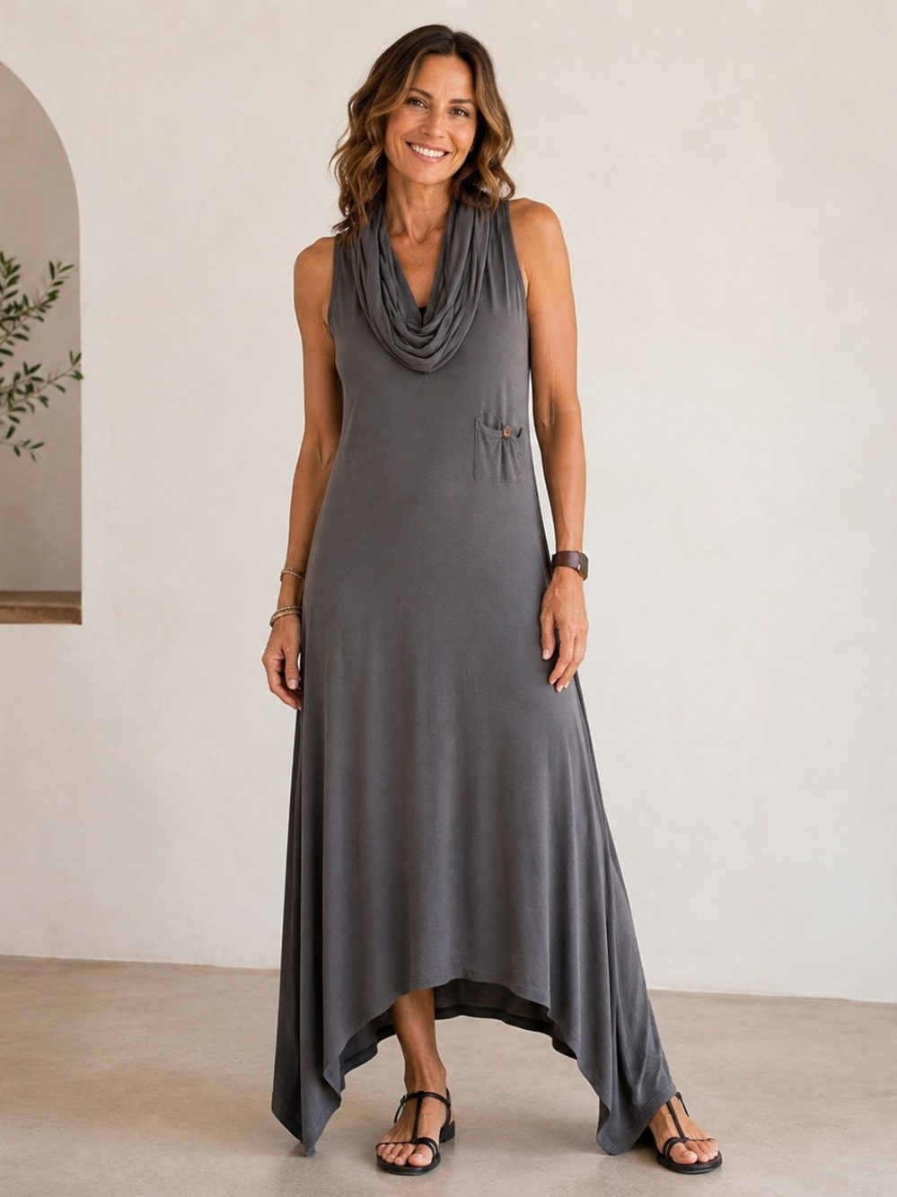 Grey Modal Maxi Dress Cowl Neck Handkerchief Hem Lagenlook